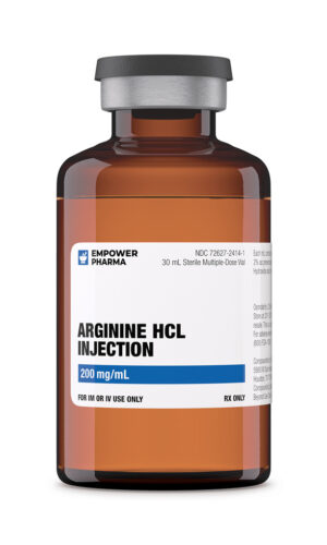 Arginine HCl solution in amber vial with white label