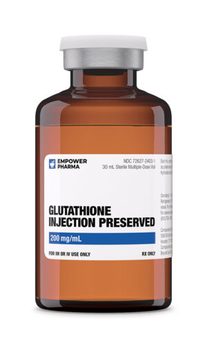 Glutathione solution in amber vial with white label