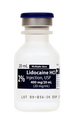 Lidocaine HCl solution in opaque white vial with black label