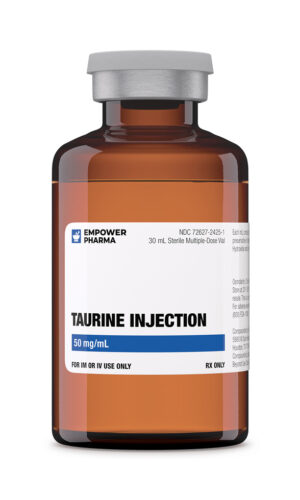Taurine solution in amber vial with white label