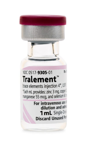 Tralement solution in clear vial with white label
