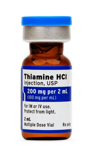 Thiamine HCl solution in amber vial with white and blue label