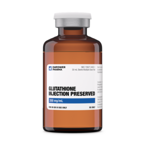 Glutathione solution in amber vial with white label