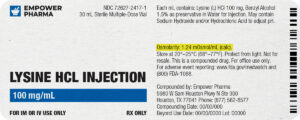 Empower Pharma product label for lysine hydrochloride injection with the osmolarity highlighted
