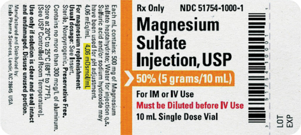 Generic product label for magnesium sulfate injection, USP, with osmolarity highlighted