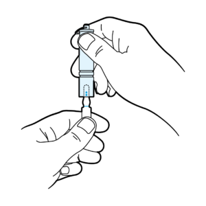 A right hand holds the top of a SnapIT™ ampoule opener while a left hand inserts the lid of a glass ampoule into the bottom of the device. About half of the lid is in the SnapIT™