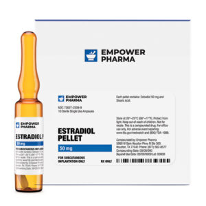 Estradiol Pellet in brown glass ampoule with a white label placed in front of a box with blue logo and black font.