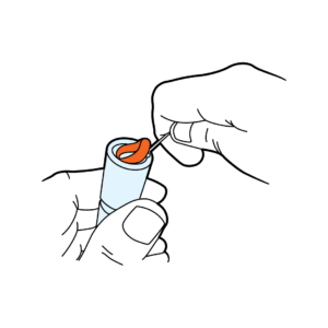 A left hand holds a SnapIT™ ampoule opener. A right hand uses a metal pin, about the size of a small toothpick, to remove the O-ring from the device so that it can be disassembled and cleaned
