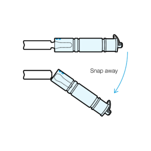 A SnapIT™ with an ampoule inserted into it is presented horizontally. Below that, another SnapIT™ has been used to break the top off an ampoule so that the body of the ampoule is separated, and the lid is still in the device. A blue arrow to the right of both ampoule openers points downward toward the lower one. The words “snap away” are next to the arrow